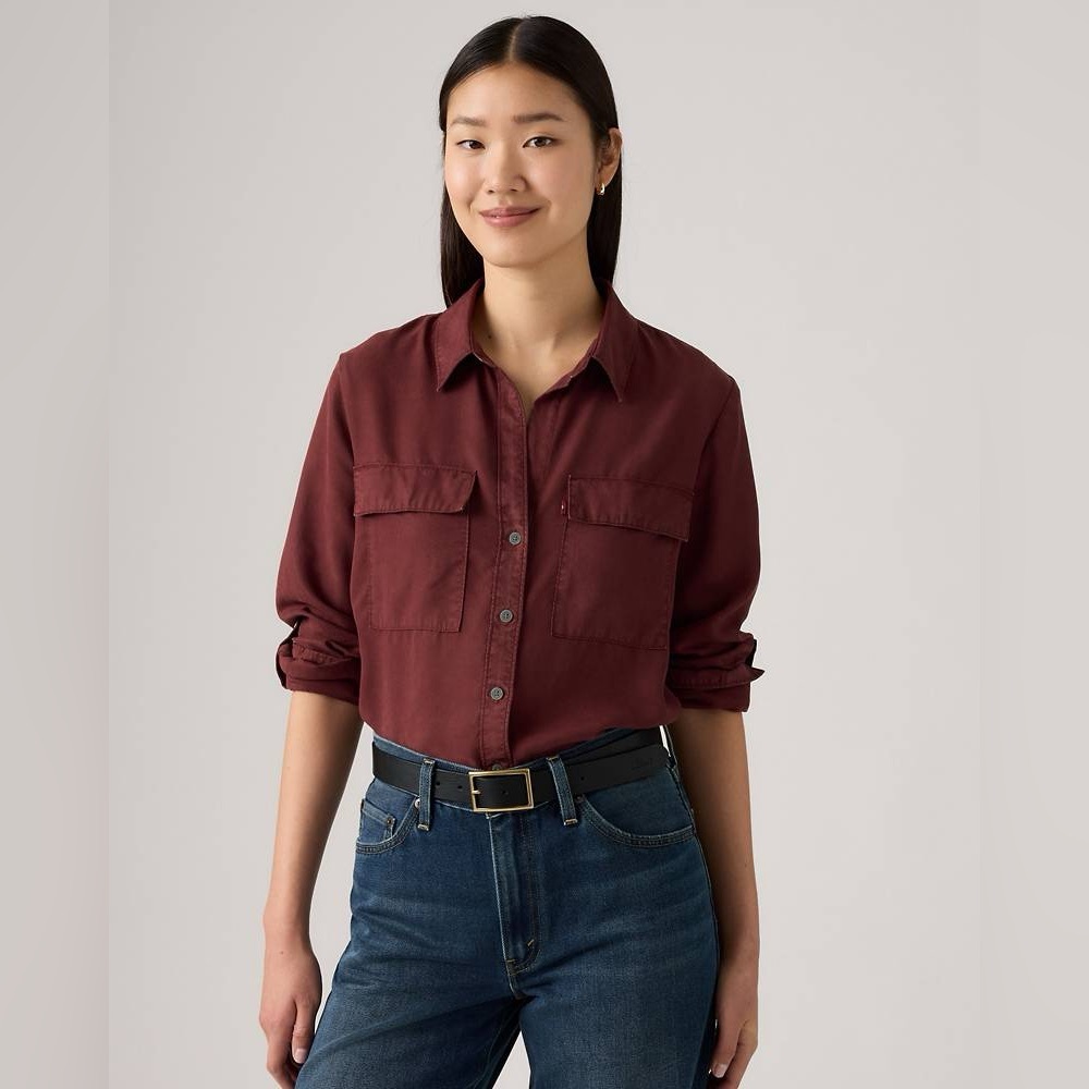 JAEGER 100% Silk Burgundy Merlot Maroon Button-Up Long-Sleeve Shirt Blouse Top